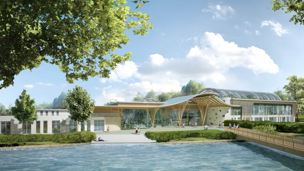 Center Parcs Allgäu aus der Luft, Badelandschaft mit geschwungenem Dach